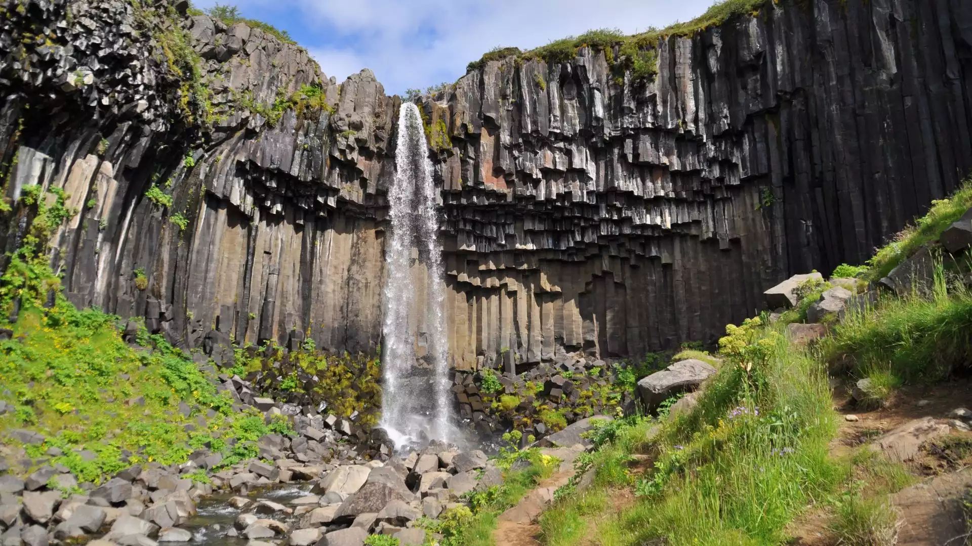 Gletsjers, ijsschotsen en waterval